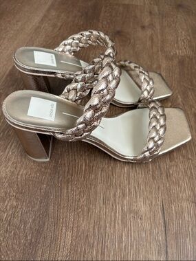 Dolce Vita Paily Metallic Braided Block Heel Mules - Rose Gold